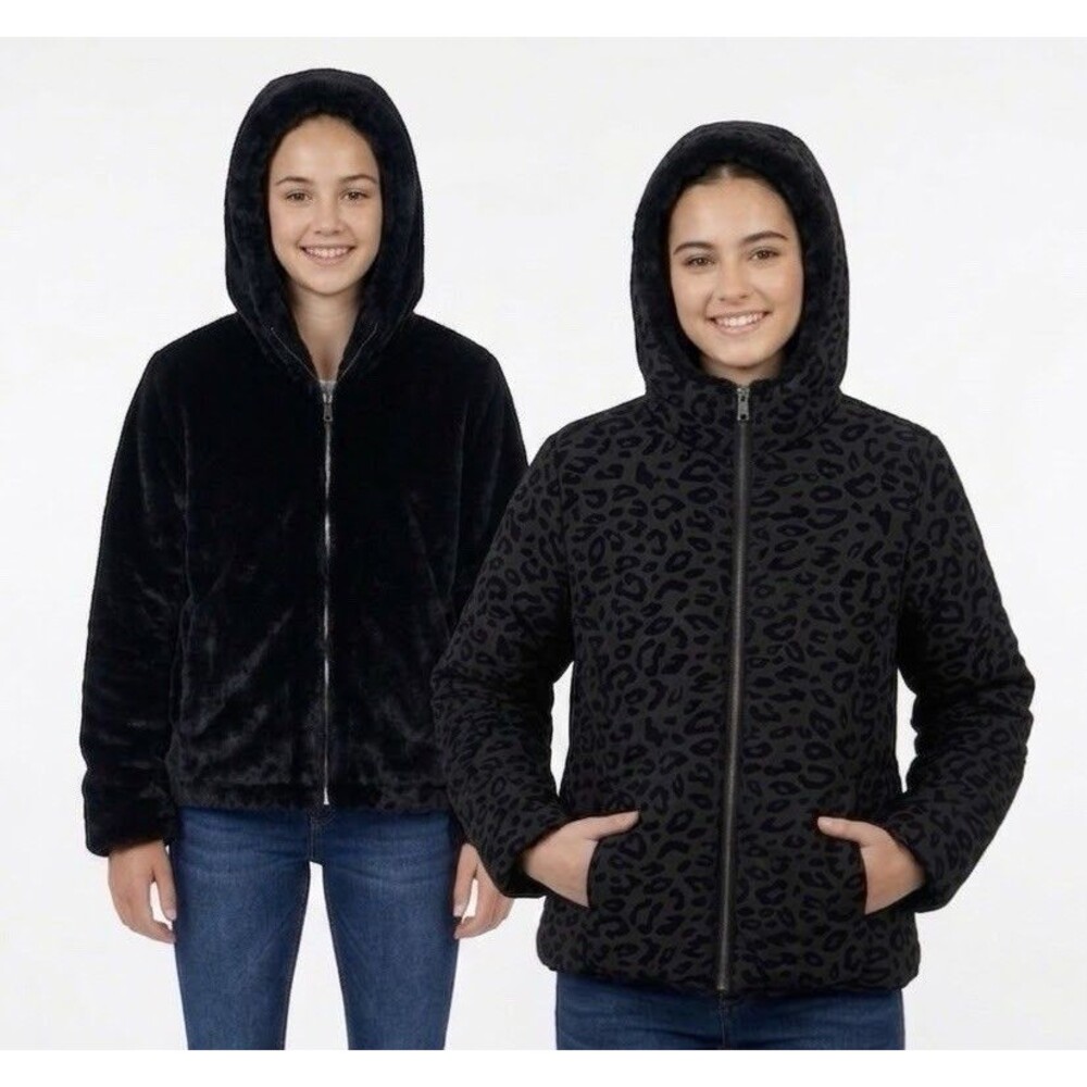 NWOT Pistachio Girls Reversible Hooded Jacket Faux Fur Black Leopard Size M 8/10